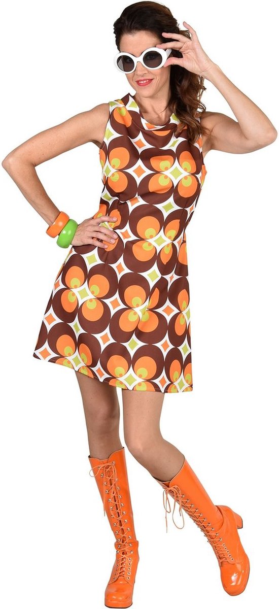 Hippie Kostuum | Jaren 60 Oranje Bloemen Jurk Vrouw | XL | Carnaval kostuum | Verkleedkleding